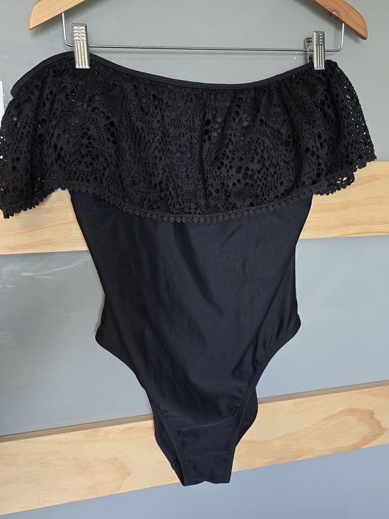 Sand & Shore Other - Women's Black Off-Shoulder Crochet Ruffle One-Piece Swimsuit